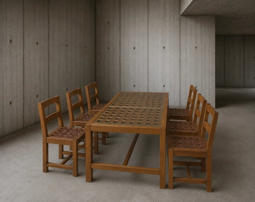 6 Chairs / Oak Dining Table / Openwork Table Top / 2 Inlaid Glass Panels / Open Woven Leather Seats / Original Set in Very Good