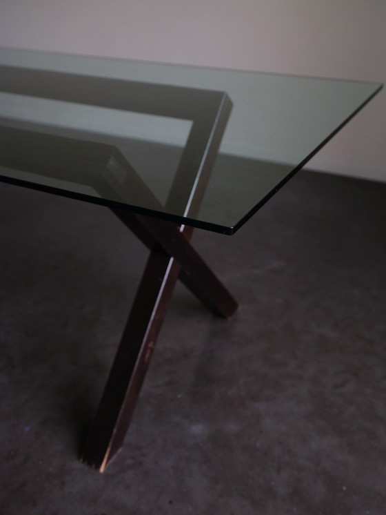 Image 1 of Glass dining table with wooden base 200x90cm