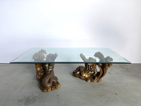 Vintage Gilt Wood Mermaid Coffee Table, 1960s - Italy, Glass, Brown (photo 13 of 13)