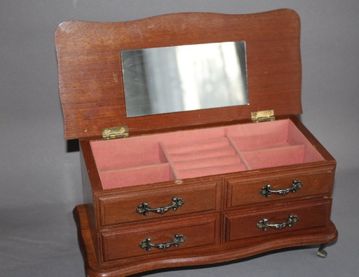 Vintage houten sieradendoos op metalen pootjes, massief hout, met 1 lade