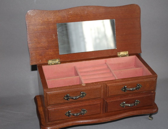 Image 1 of Vintage houten sieradendoos op metalen pootjes, massief hout, met 1 lade