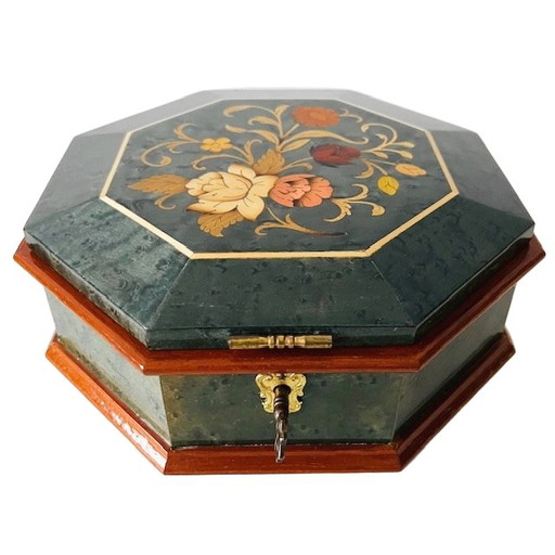 Boîte à musique vintage MAPSA, boîte à bijoux en bois incrusté de fleurs vertes, Sorrento, années 1960