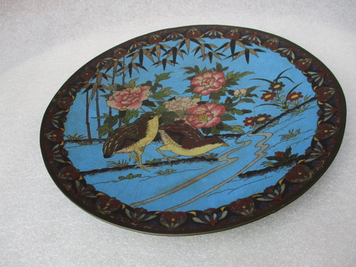 Late 19th century cloisonne dish with beautiful decoration, Diam 30 cm.