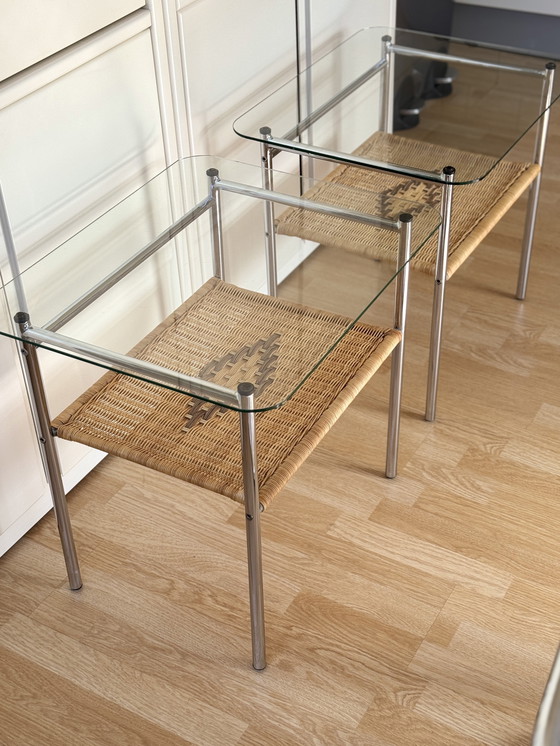 Image 1 of Set of vintage side tables/side tables with chrome, wicker and glass - 1970s