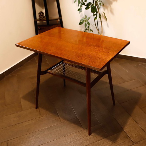 Image 1 of Brussels Style Retro Table with Woven Shelf – Dřevopodnik Holešov, 1960s 