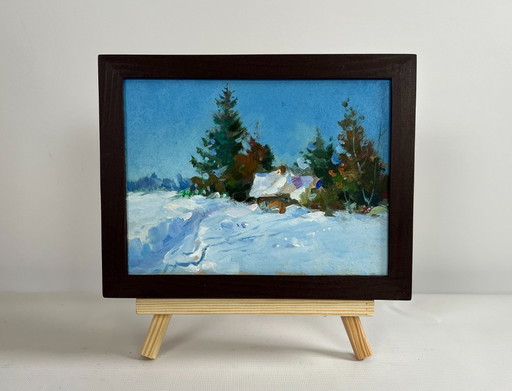 Original Oil Painting Snow Forest Landscape House in the Snow