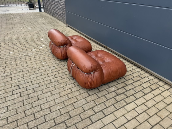 Image 1 of Cassina Soriana original de los años 70 de 4 plazas + 2x1 plazas Tobia & Afra Scarpa en cuero coñac