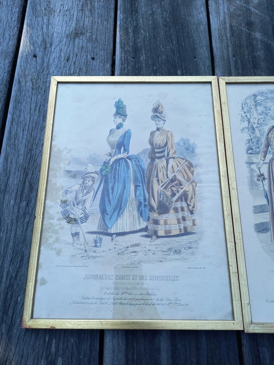 Image 1 of Conjunto de 2 grabados antiguos franceses de moda (siglo XIX)