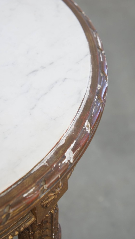 Image 1 of Antique French round gold side table with a marble top