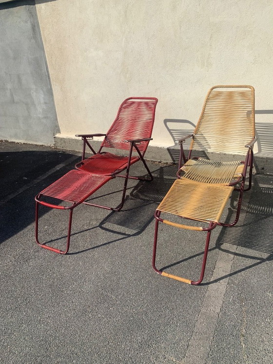 Image 1 of Chaise longue  vintage en scoubidou  véritable  