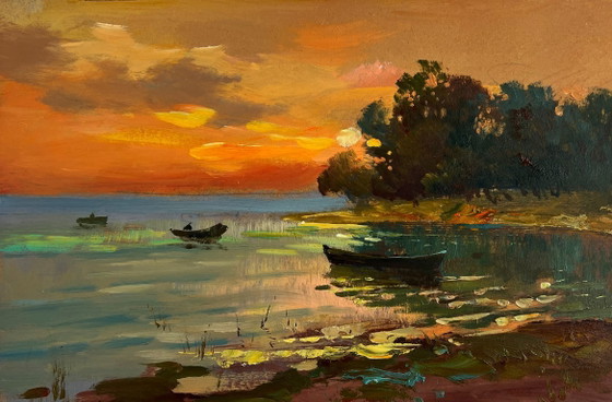 Image 1 of Original Oil Painting Evening Coastal Landscape Orange sunset over the river