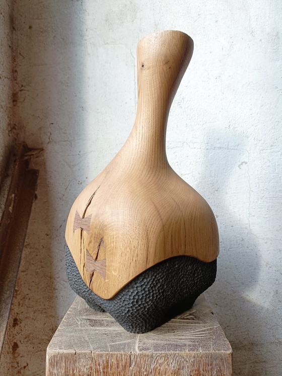 Image 1 of Large vase/sculpture in solid carved and textured oak
