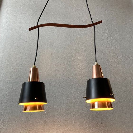 Image 1 of Danish vintage double pendant lamp with teak – in the style of Bent Karlby