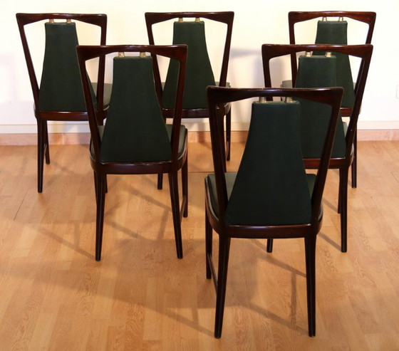 Image 1 of Set of 6 mid-century chairs by Osvaldo Borsani, Atelier Borsani Varedo, mahogany, rosewood, leather, and brass, Italy, 1950s