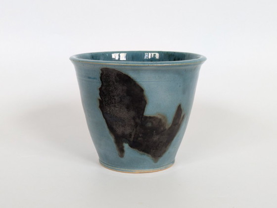 Vintage Studio Pottery plantenpot met gespikkelde turquoise en antracietkleurige glazuur, gesigneerd door (photo 15 of 15)