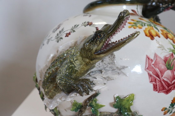 Image 1 of Majestic Ceramic Vase with Eagle and Crocodile, Italy Early 20th Century