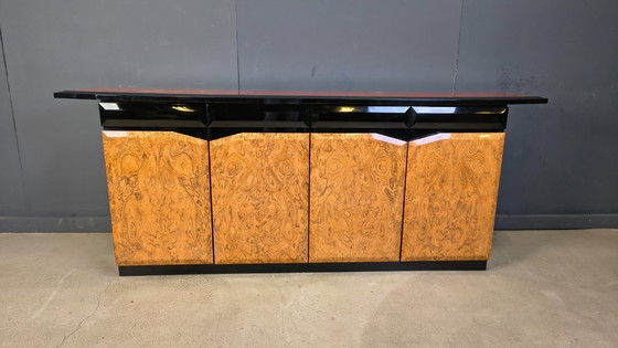 Image 1 of Vintage lacquer and burl wood credenza, 1980s