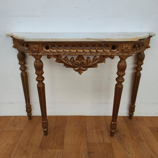 Vintage wall console, side table, console table with marble top. Italian