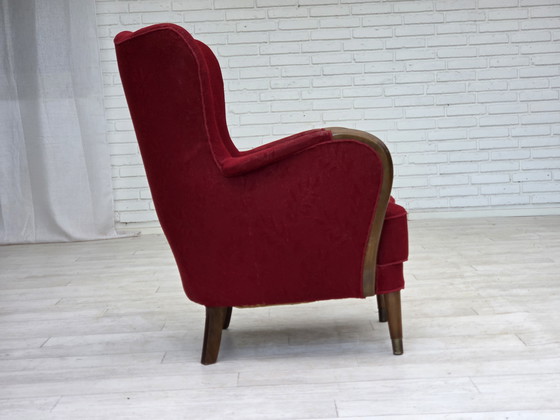 Image 1 of 1960s, fauteuil danois, état original, tissu en laine, pieds en bois de hêtre.