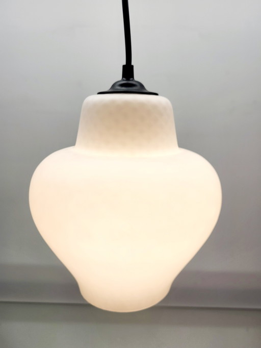 Vintage Glass Pendant Lamp, Opaline White With Relief Texture, 1980s