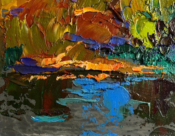 Image 1 of Original Oil Painting Summer Coastal Landscape The boat is sailing on the lake