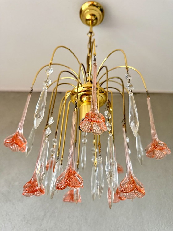 Vintage pink flower kroonluchter – Glass, Brass (photo 2 of 9)