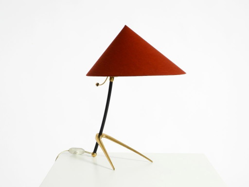 Beautiful, large, original Kalmar Mid-Century Modern tripod brass table lamp with a new fabric shade