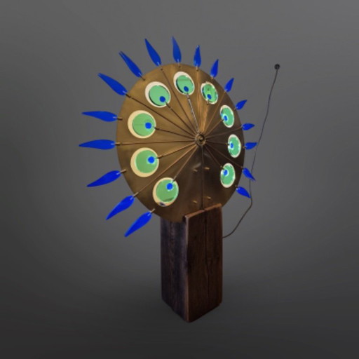 Artful light object brass and oak, Netherlands 1970s