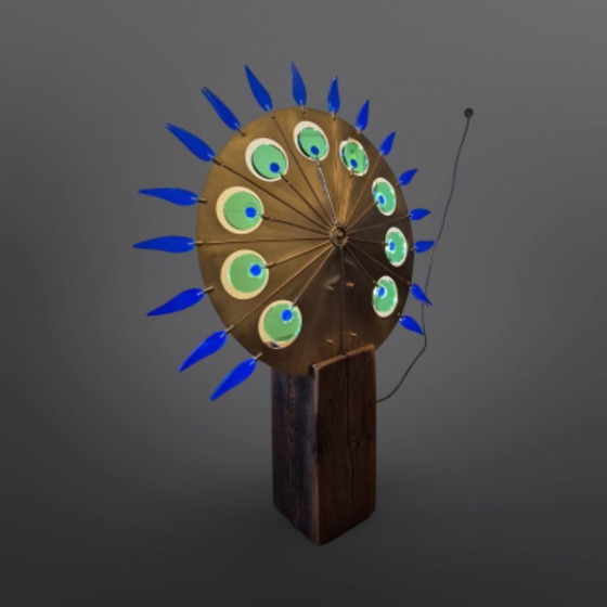 Image 1 of Artful light object brass and oak, Netherlands 1970s