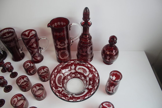 Image 1 of Antique Set of 36 pieces of Artistic cut Ruby red glass, Egermann, 1950's. 