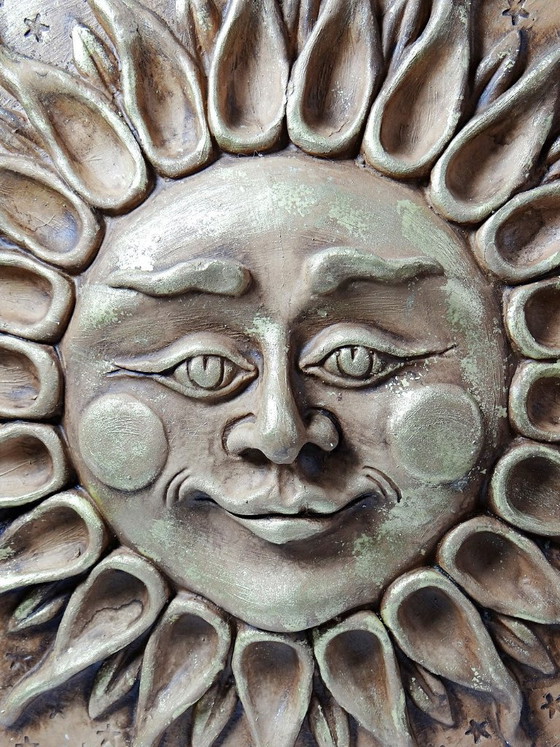 Image 1 of Grande scultura murale antropomorfa a forma di sole in terracotta patinata, artigianato italiano vintage