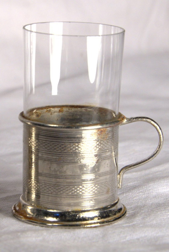 2 antike Teegläser mit Metallrand und Henkeln, 5 x 7 cm – Tafelgeschirr, Glass (photo 5 of 5)