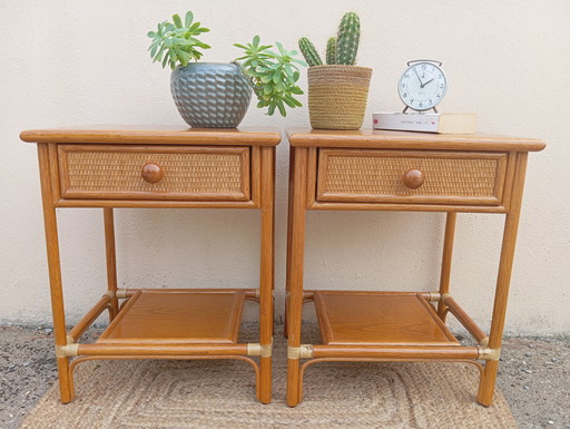 Pair of bedside tables in bamboo and rattan, vintage 1970