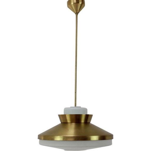 Vintage brass and milk glass chandelier by Valasske Mezirici, Czechoslovakia 1970