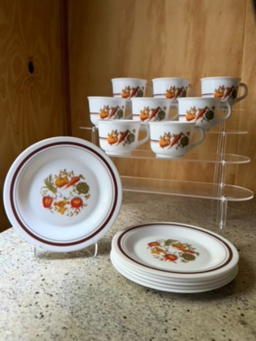 Servizio da tavola vintage Arcopal France Vegetable - 13 pezzi per 6 persone - 7 tazze e 6 piatti - Stile retrò anni '70