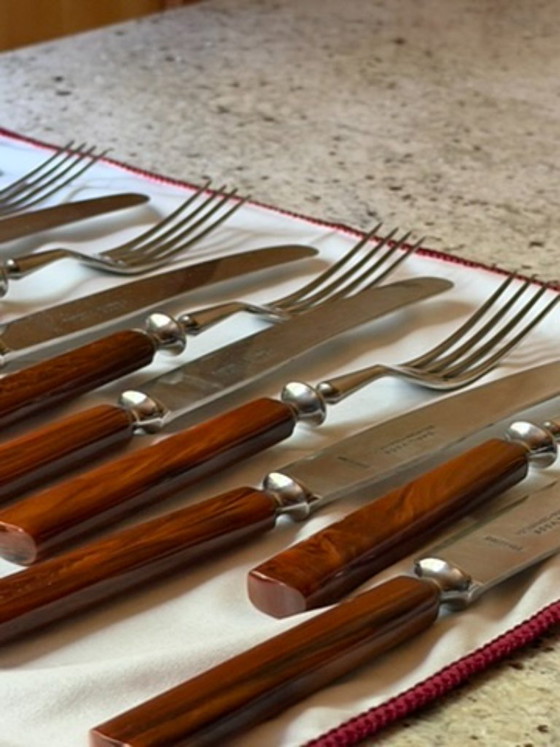 Vintage Carl Voos Solingen German Flatware Set - 12 Piece MCM Knife And Fork Set - Rostfrei Stainless Steel (photo 14 of 32)