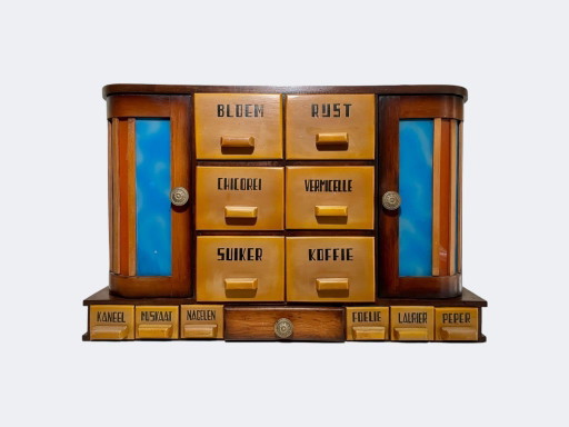 Art Deco keukenkastje met lades voor kruiden - Antiek geschilderd glas en hout, wanddecoratie voor kruiden.
