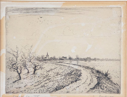 Jan Poortenaar – Dutch polder landscape with church – etching – signed