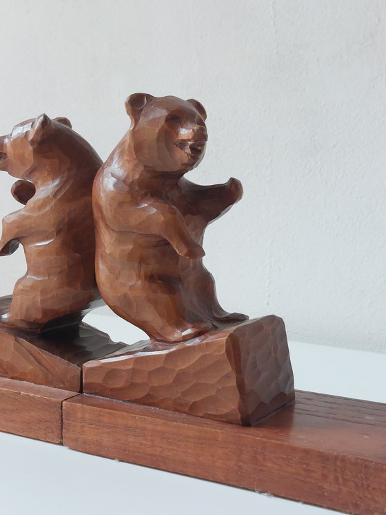 Image 1 of Paire de serre-livres anciens sculptés à la main, sculpture d'ours