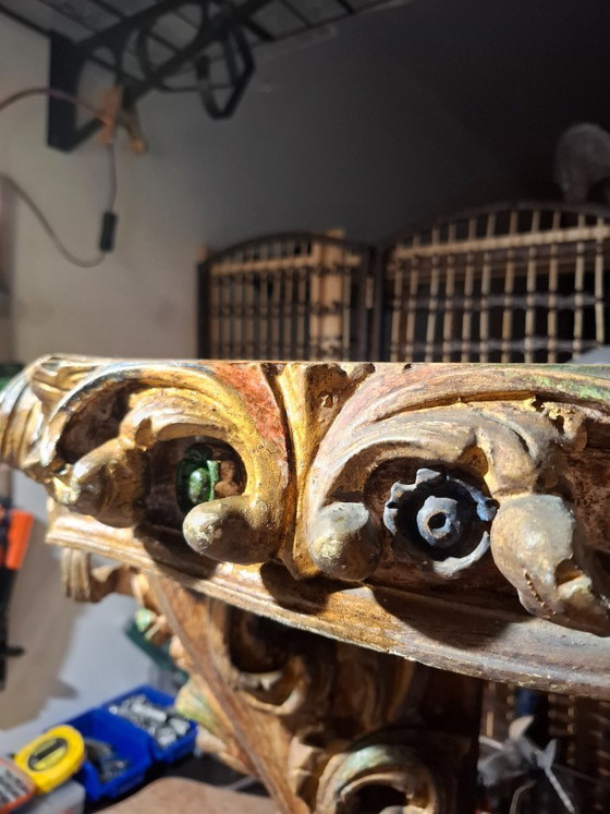 Image 1 of Antique Portuguese Gilded Console Table with Marble Top - 19th Century Carved Wood - Hand-Painted Polychrome Details - VGC