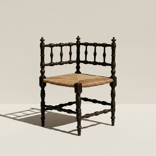 Hoekstoel van gesneden hout en stro, laat 19e eeuw