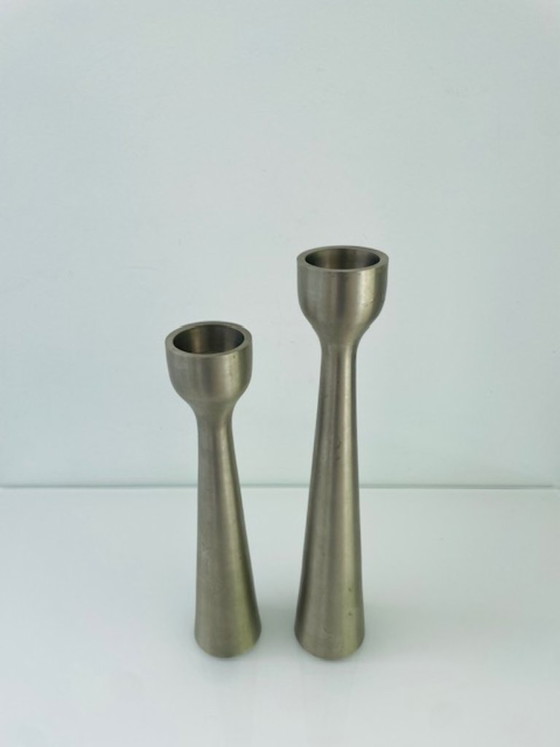 Image 1 of Scandinavian candlesticks of brushed steel – set of two