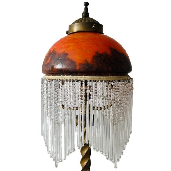 Image 1 of Antieke Art nouveau kralenlamp gepolijst glas oranje paars 1920's
