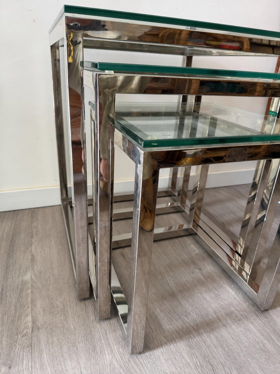 Mid Century Modern Mimi Set Cromo Vetro Tavolini – Chrome, Glass (photo 5 of 8)
