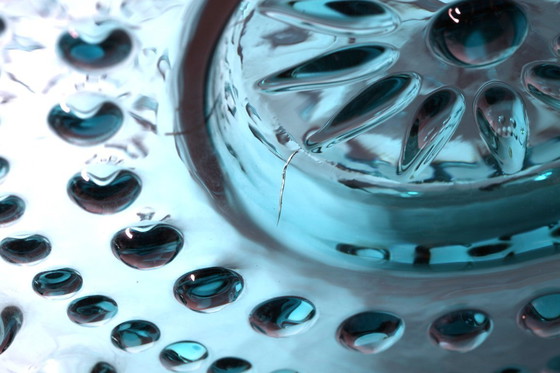 Image 1 of Large Vintage Teal Sunburst Blue Bubble Glass Vase / Erich Jachmann for WMF / 1960s