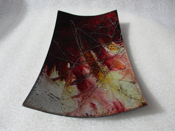 Image 1 of Fused glass sushi bowl or tray, rectangular, garnet/gold wire.