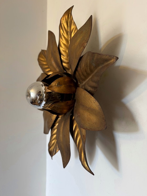 Image 1 of 1970s gold flower wall sconce