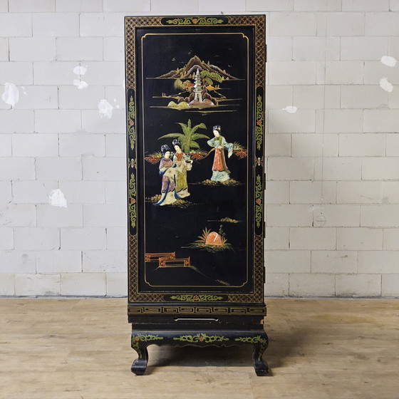 Image 1 of Vintage Chinese Cabinet Black with Hand-Painted Scenes / bohemian cabinet / Asian / Oriental cabinet