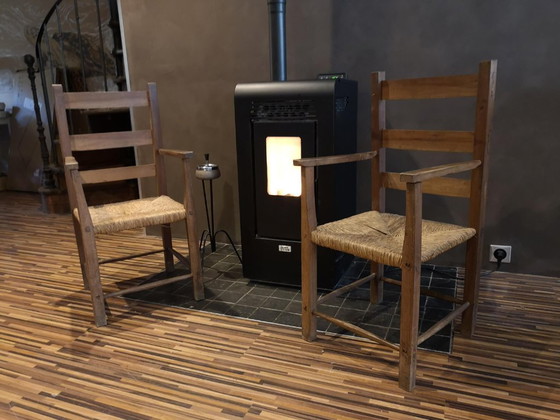 Image 1 of Pair of antique wooden straw-seated armchairs - Authentic country style