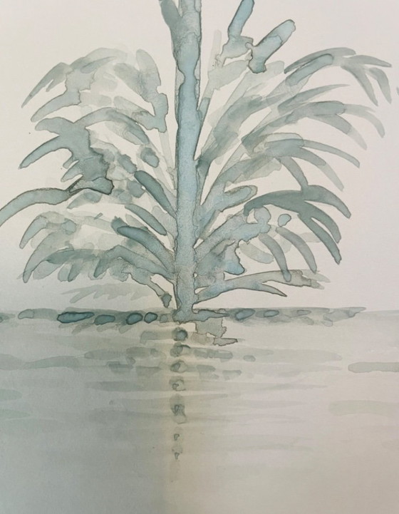 Image 1 of Signed monochrome sage green watercolor landscape "reflections"